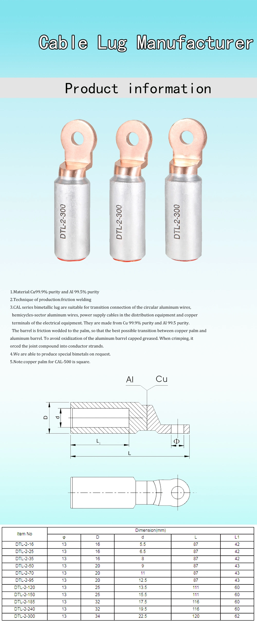 Cal-a Type Copper-Aluminum Electrical Terminal Connectors Cable Lug